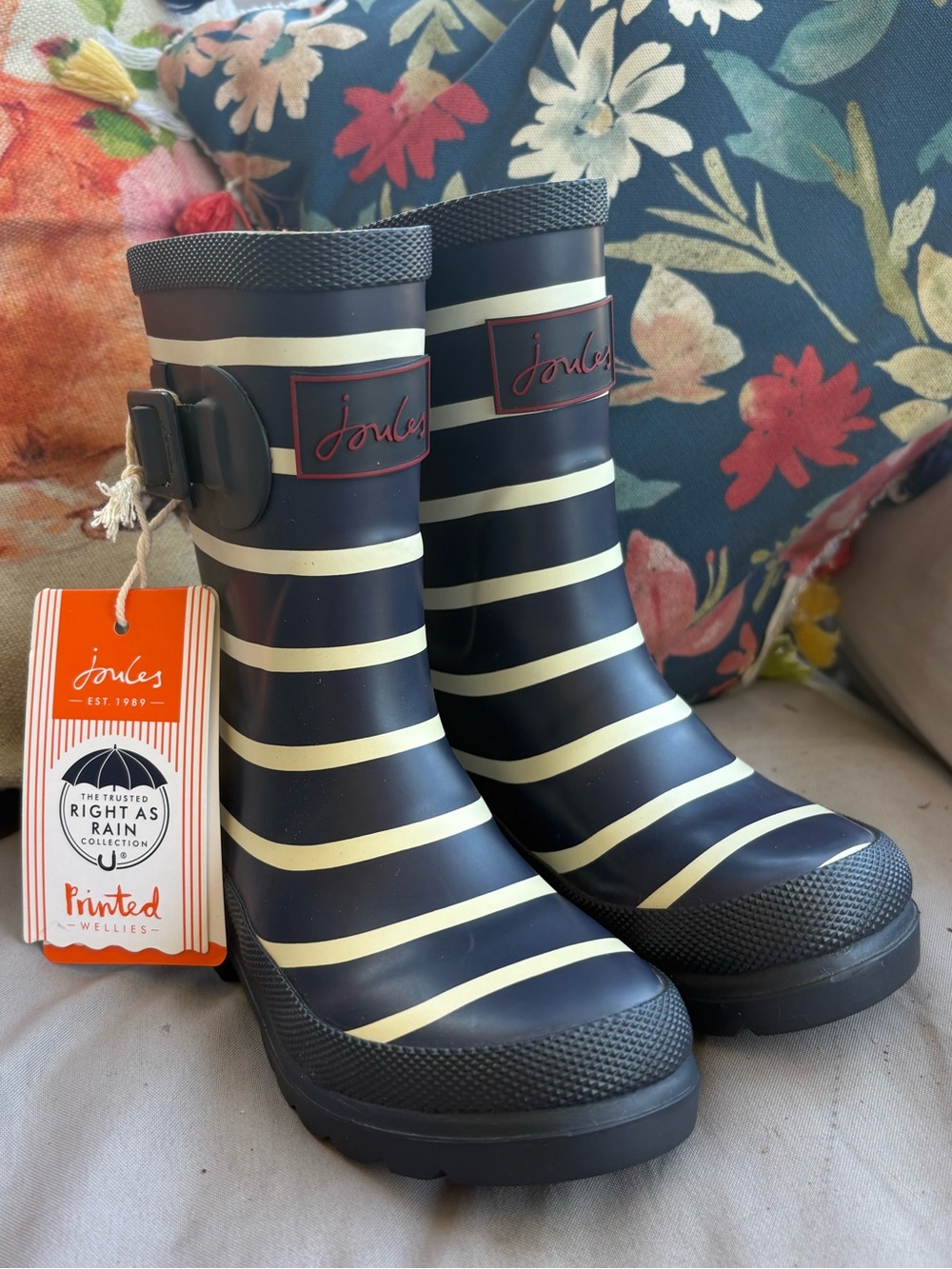 Joules Kids Navy and Cream Striped Rain Boots